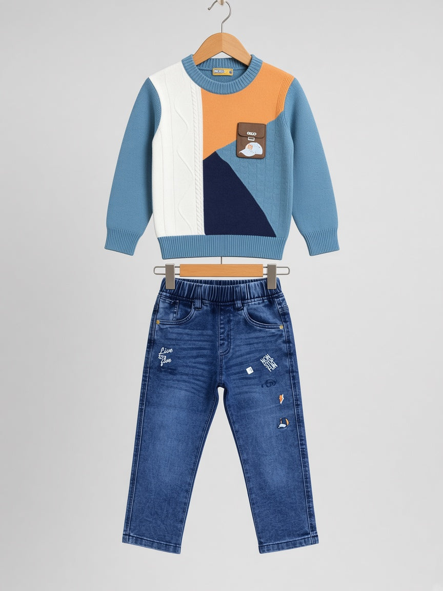 Stylish Kids Two Piece Colorblock Knit Sweater And Embroidered Denim Set