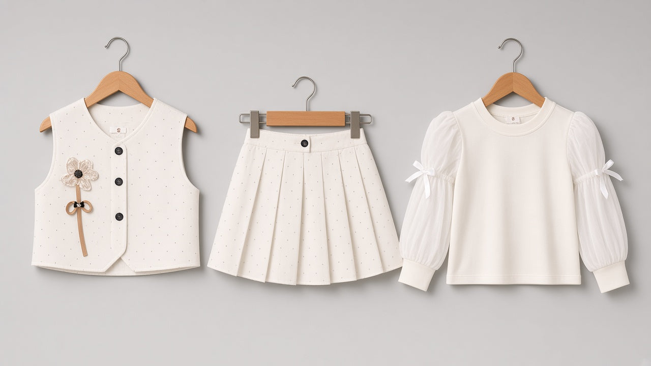 Chic Girls Button Vest With Floral Applique Matching Pleated Skirt And Long Sleeve Tee