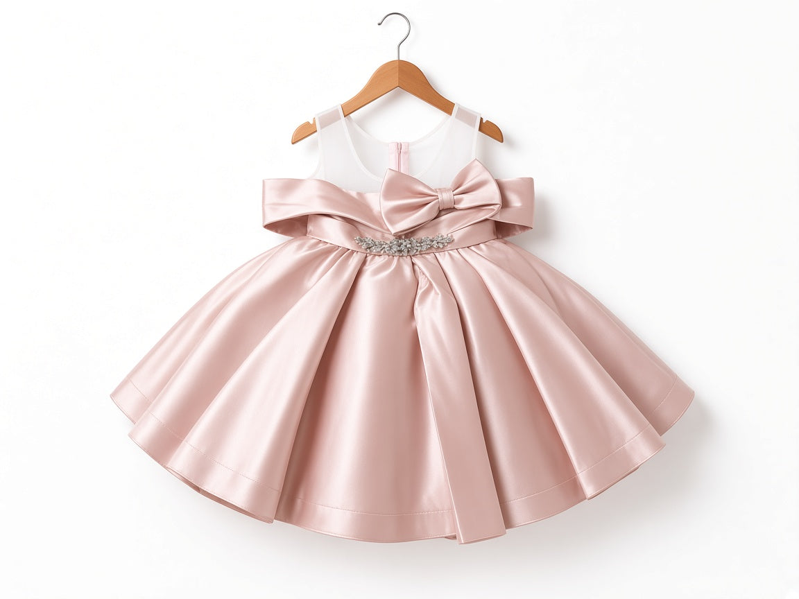 Girls Elegant Satin Party Frock Big Bow Rhinestone Waist Mesh Shoulder Birthday Dress