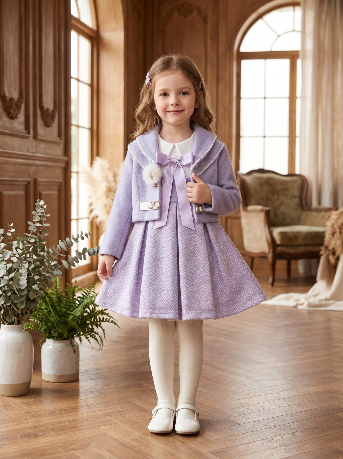 Girls Winter 3 Piece Dress Set With Sailor Collar Jacket And Trousers