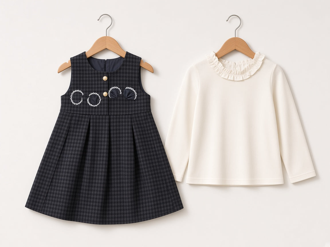 Girls Winter Checkered Pleated Frock Set With Cream Ruffled Collar Inner Shirt