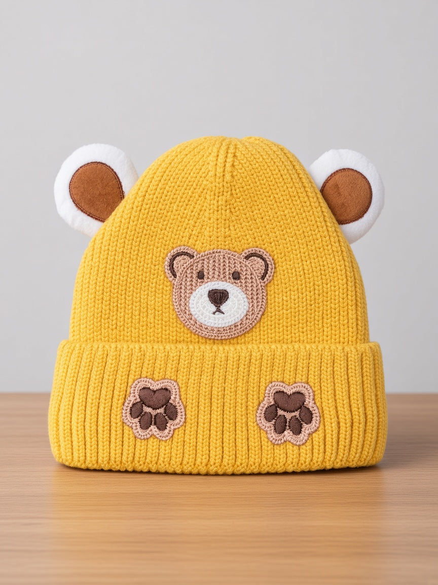 Kids Winter Knit Beanie Hat With Bear Applique Paw Prints And 3D Ears