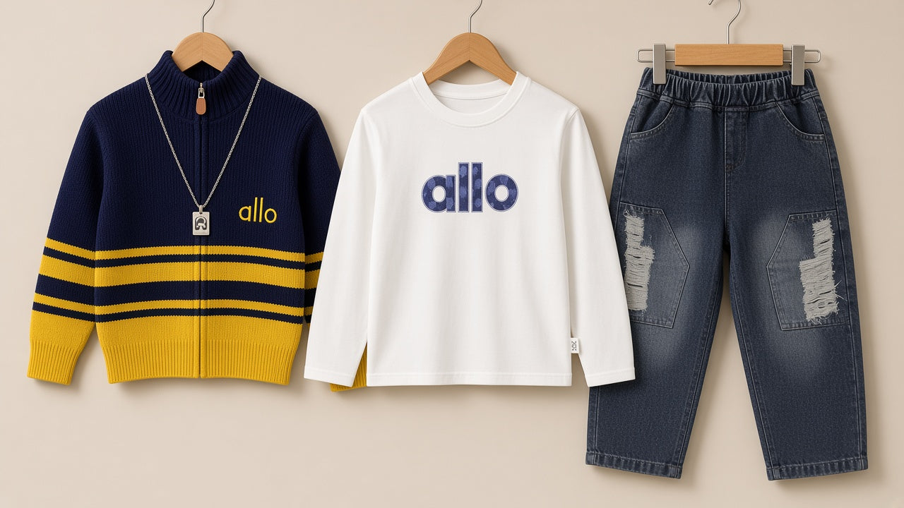 Stylish Kids Three Piece Zipper Cardigan Tee And Distressed Jeans Set