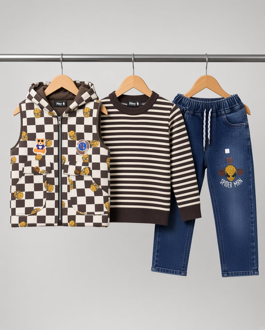 Stylish Kids Three Piece Checkerboard Vest Sweater And Denim Set