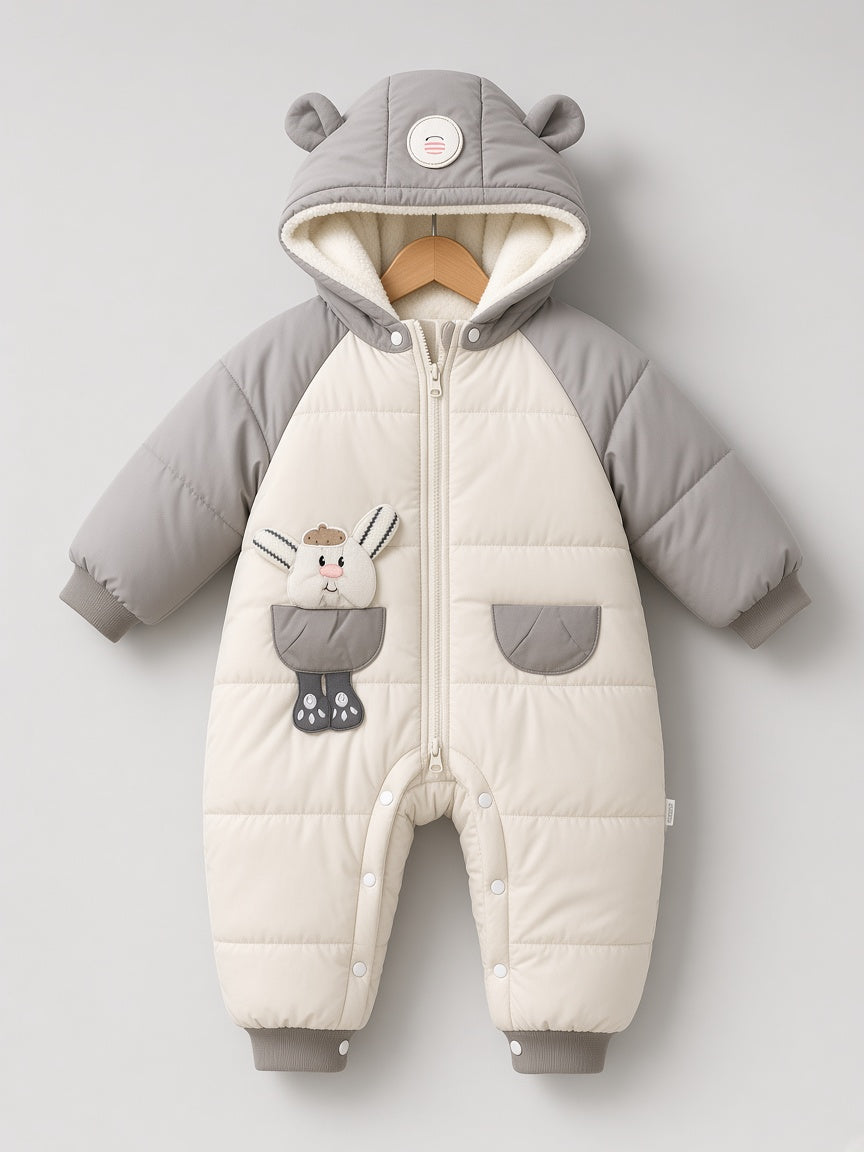 Baby Winter Padded Snowsuit Hooded Romper Jumpsuit With Pocket Bunny Applique Detail