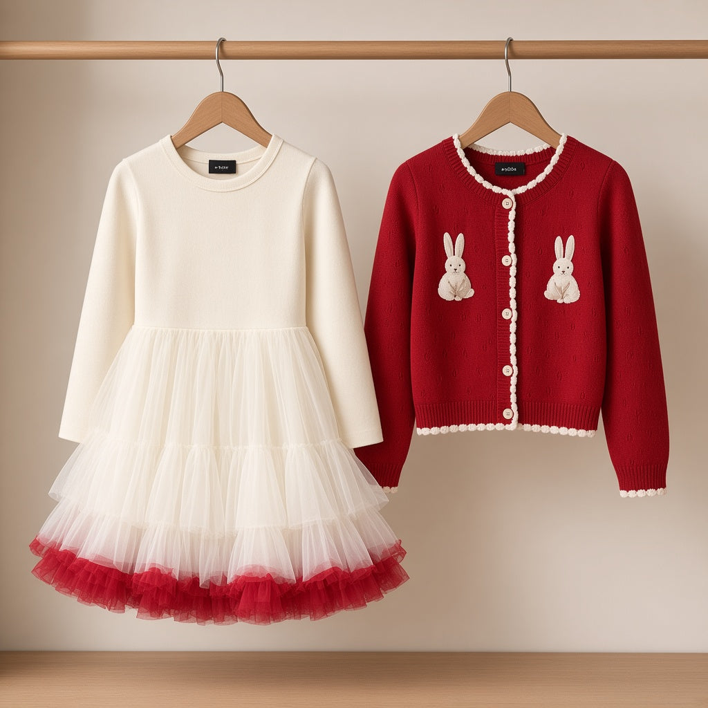 Stylish Kids Two Piece Bunny Embroidered Dress And Cardigan Winter Outfit Set