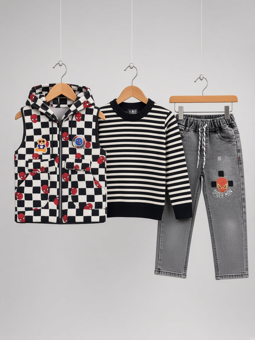 Stylish Kids Three Piece Checkerboard Vest Sweater And Denim Set