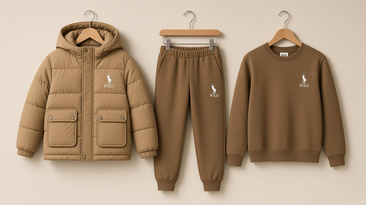 Kids Winter 3-Piece Tracksuit Set Hooded Puffer Jacket Sweatshirt and Jogger Pants