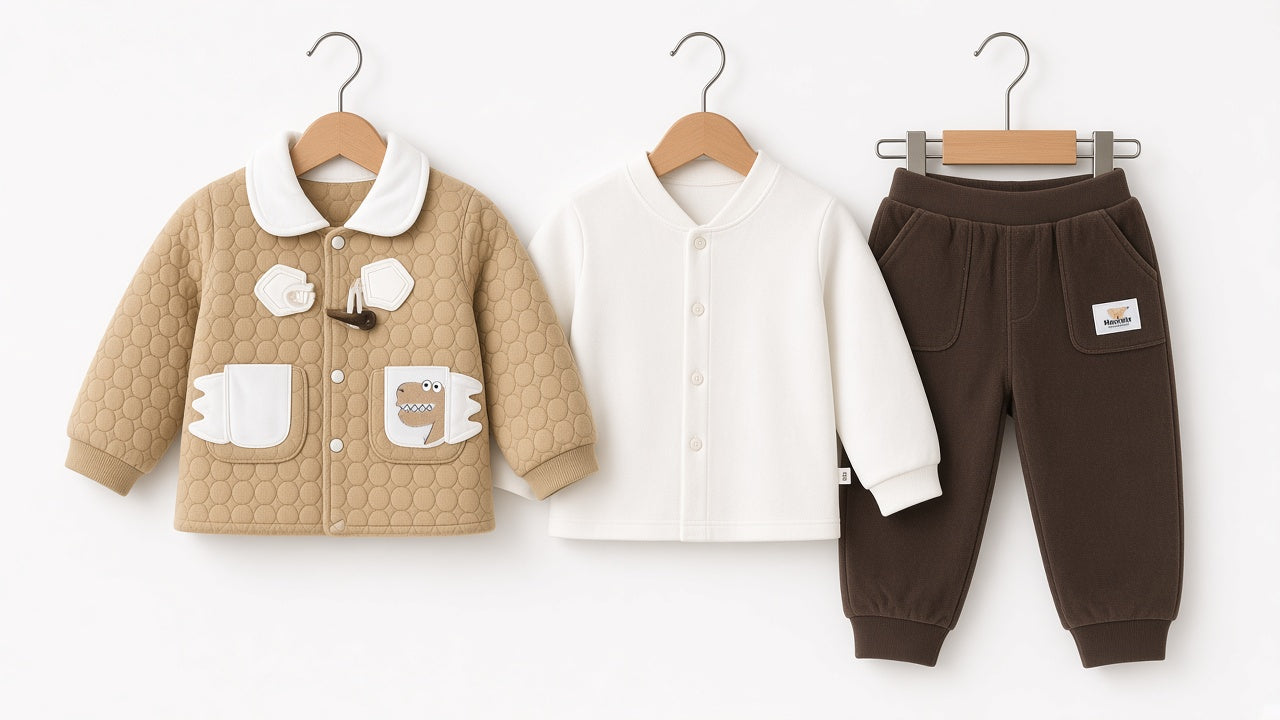 Toddler Winter 3-Piece Quilted Dinosaur Pocket Jacket Cardigan Inner And Trousers Set