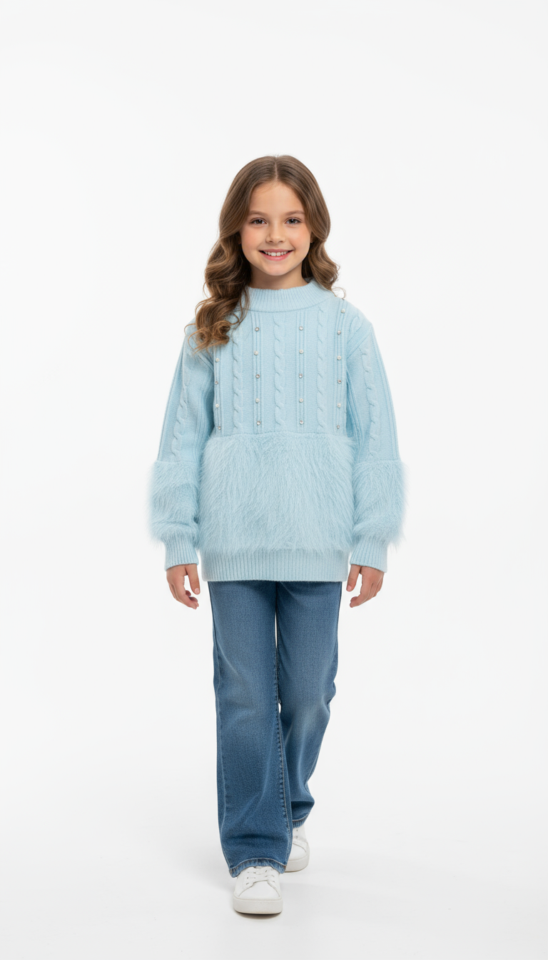 Premium Baby Girl Wool Sweatshirt – Sky Blue, Pink & Off-White (3–8 Years)
