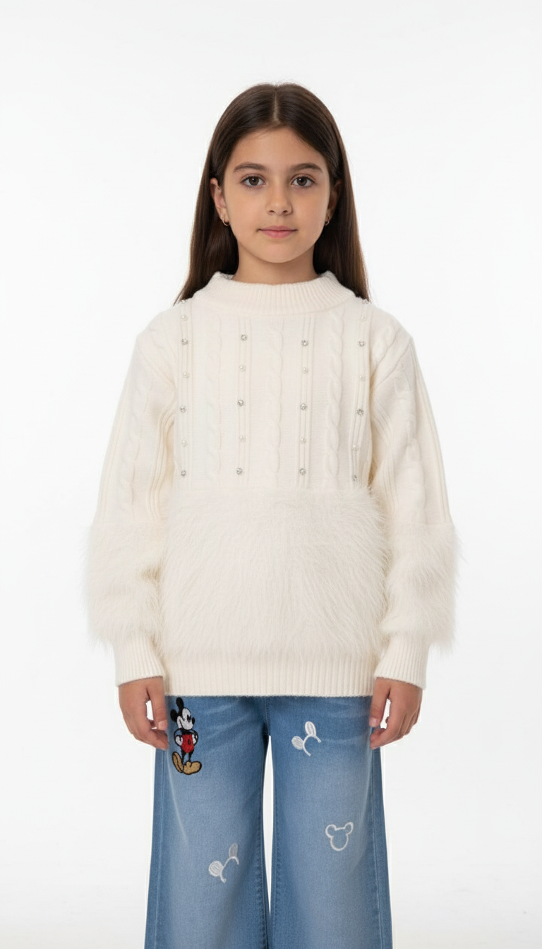 Premium Baby Girl Wool Sweatshirt – Sky Blue, Pink & Off-White (3–8 Years)