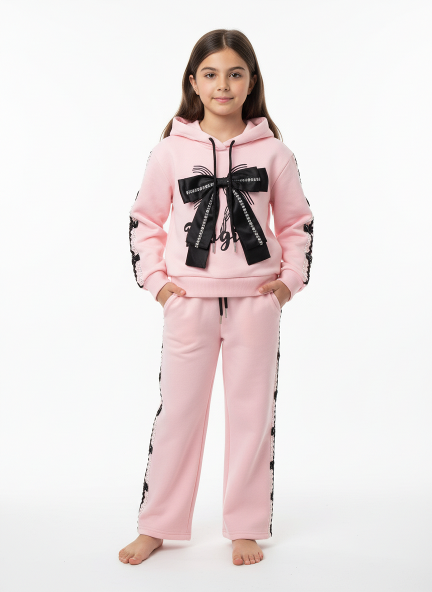 Girls Premium Bow Hoodie Tracksuit – Winter Fleece 2-Piece Set | Sizes 4–12 Years | Light Green & Light Pink | China Import