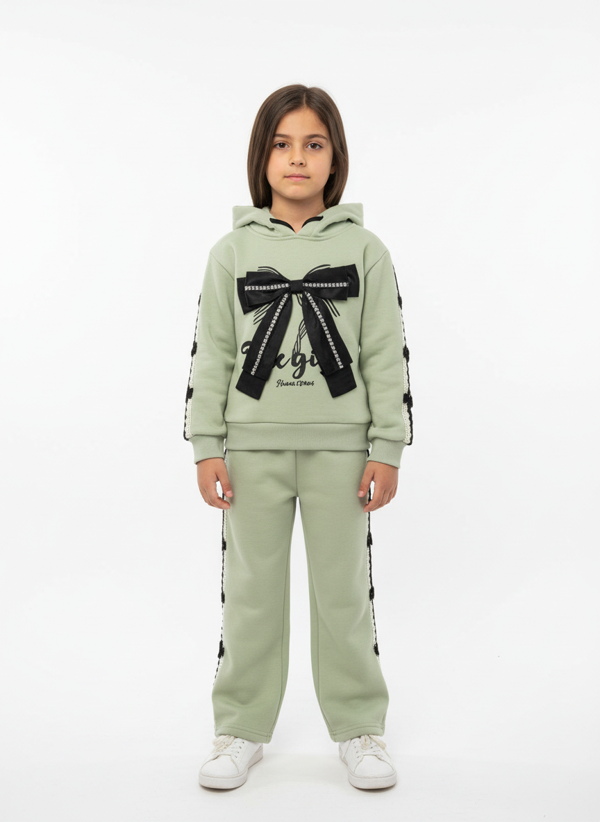 Girls Premium Bow Hoodie Tracksuit – Winter Fleece 2-Piece Set | Sizes 4–12 Years | Light Green & Light Pink | China Import