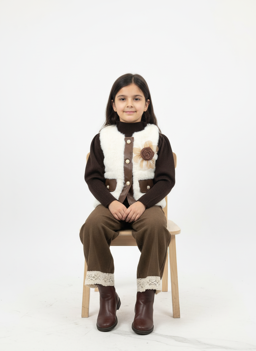 Girls’ 3-Piece Winter Set — Knit Top, Faux-Fur Vest & Corduroy Pants (2–6 Years)