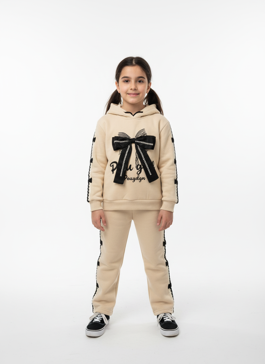 Girls Premium Bow Hoodie Tracksuit – Winter Fleece 2-Piece Set | Sizes 4–12 Years | Light Green & Light Pink | China Import