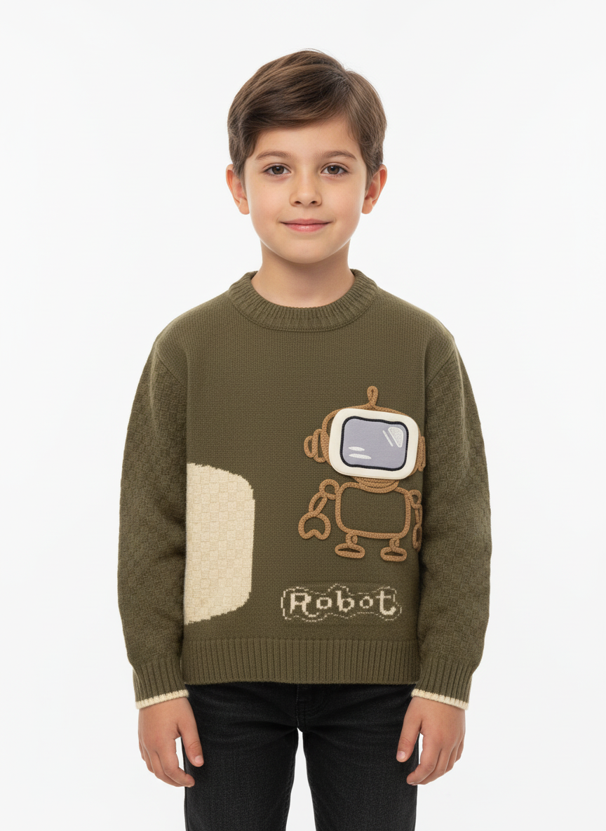 Kids Robot Winter Sweater – Soft Wool Blend | Sizes 1–4 Years | Olive, Yellow & Cream