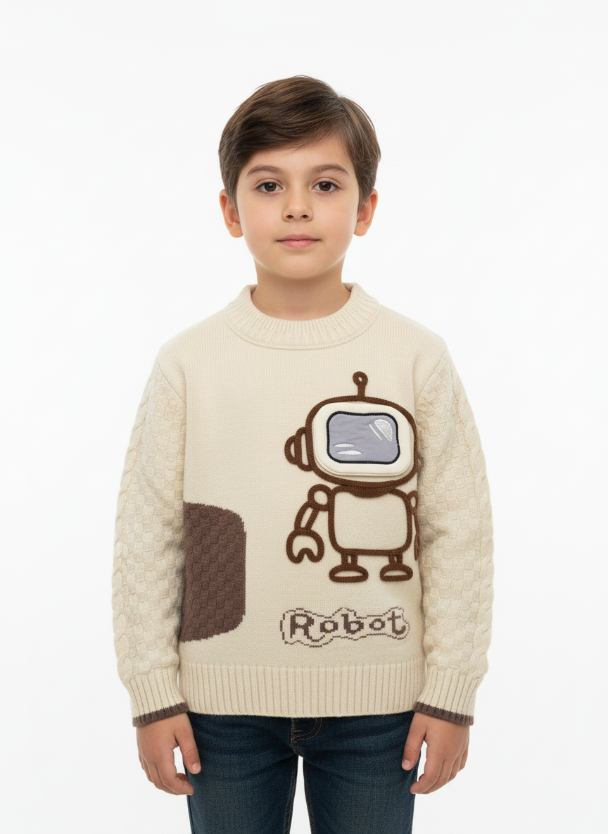 Kids Robot Winter Sweater – Soft Wool Blend | Sizes 1–4 Years | Olive, Yellow & Cream