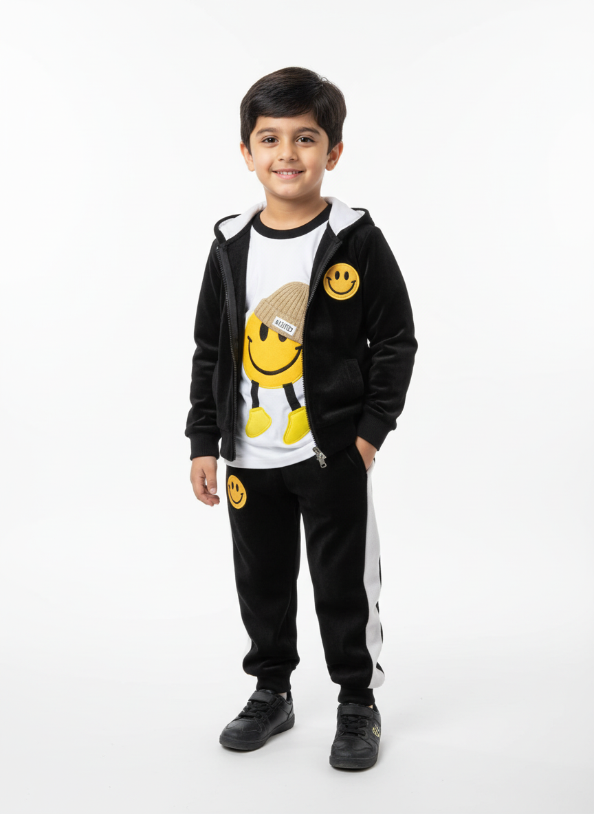 Premium Smiley Fleece Tracksuit – 3 Colours | Light Brown, Black & Grey | Size 1–3 Years
