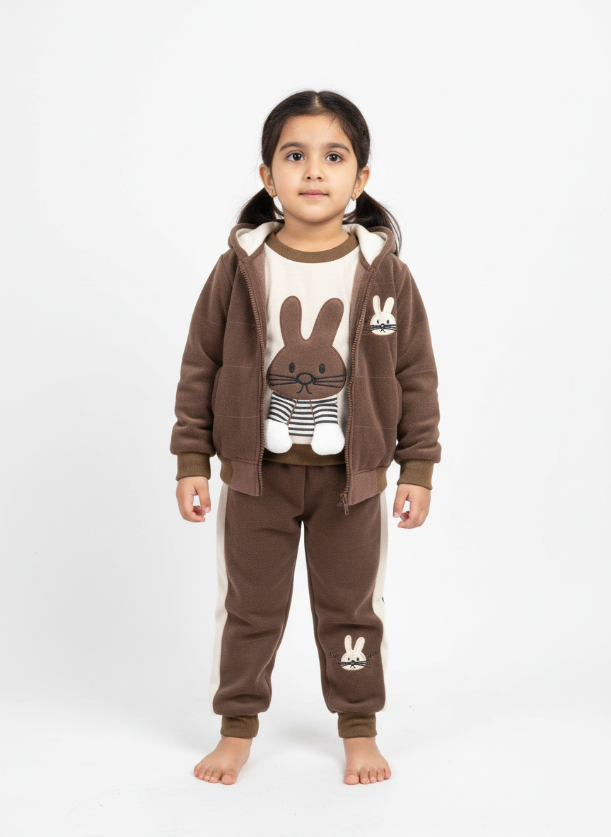 Baby Girl Bunny Tracksuit – Chocolate Brown | Winter Fleece 2-Piece Set | Sizes 1–3 Years
