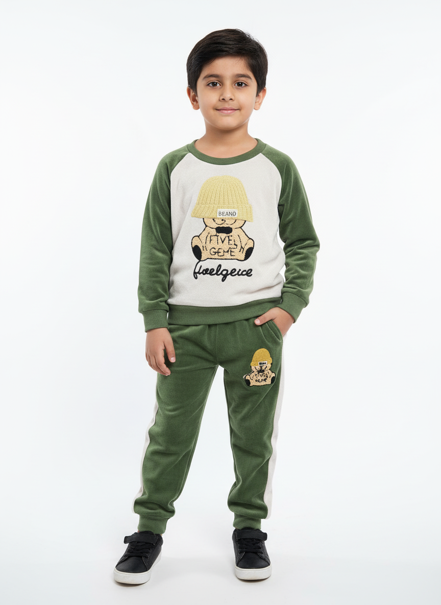 Soft Velvet Smiley Tracksuit for Kids – Brown, Skin & Light Green | Sizes 1–3 Years | Winter 2-Piece Set