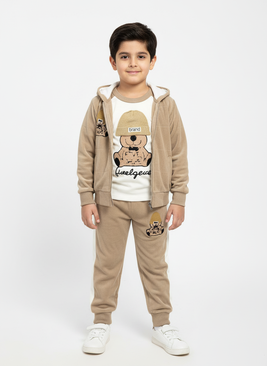 Soft Velvet Smiley Tracksuit for Kids – Brown, Skin & Light Green | Sizes 1–3 Years | Winter 2-Piece Set