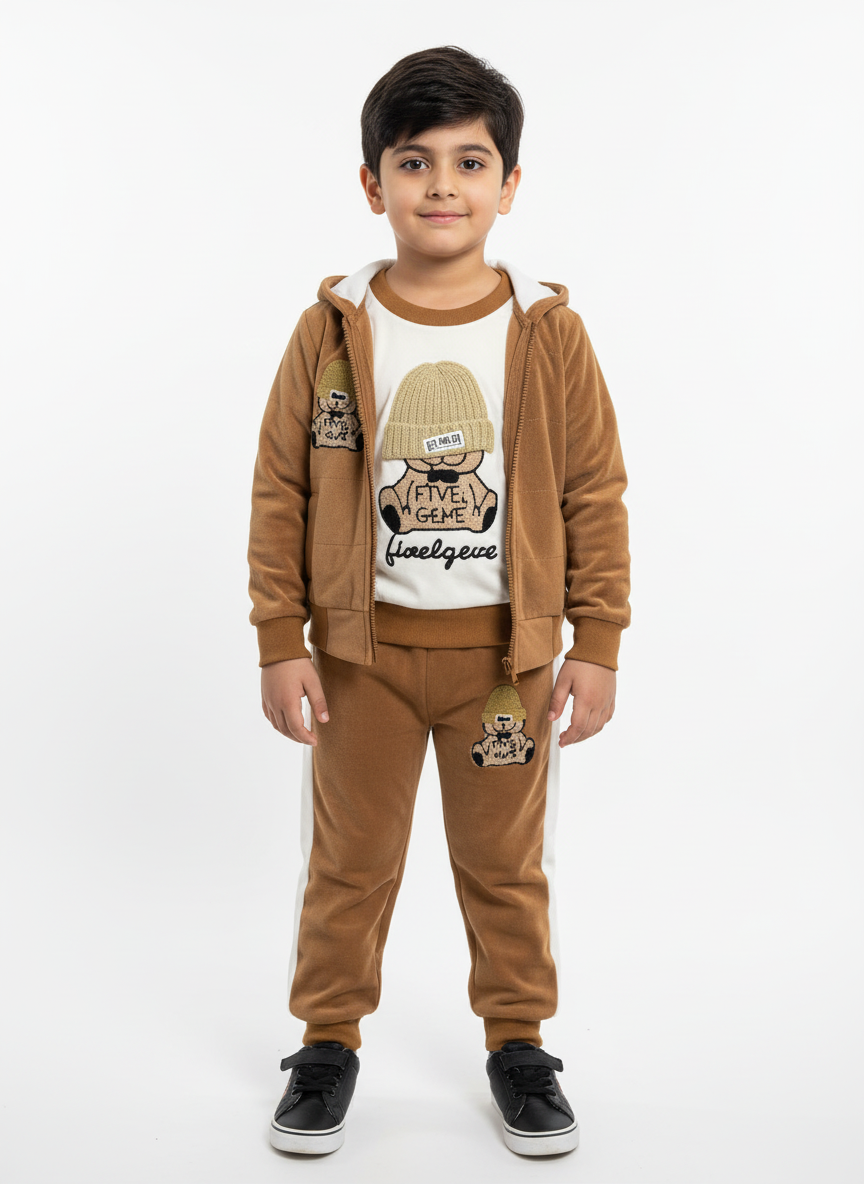 Soft Velvet Smiley Tracksuit for Kids – Brown, Skin & Light Green | Sizes 1–3 Years | Winter 2-Piece Set