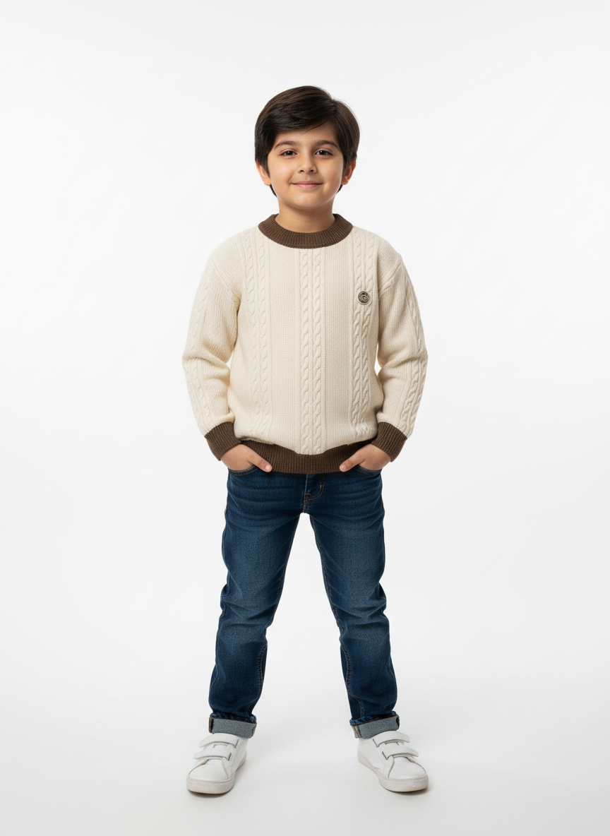 Premium Wool Sweater for Baby Boys (3–8 Years) – Black & Cream