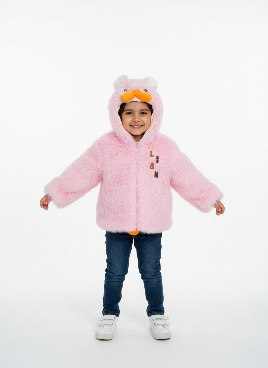 Baby & Kids Premium Fluffy Animal Hoodie Jacket – Super Soft Winter Wear | White, Pink & Yellow | Sizes 1–4 Years