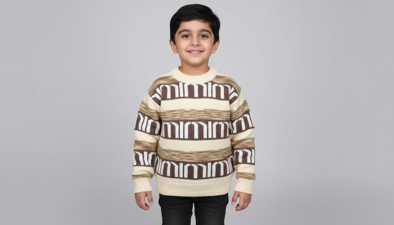 Boys Premium Woolen Winter Sweater – Soft, Warm & Stylish | Cream-Brown, Cream-Black & Cream-Maroon | Sizes 5–10 Years