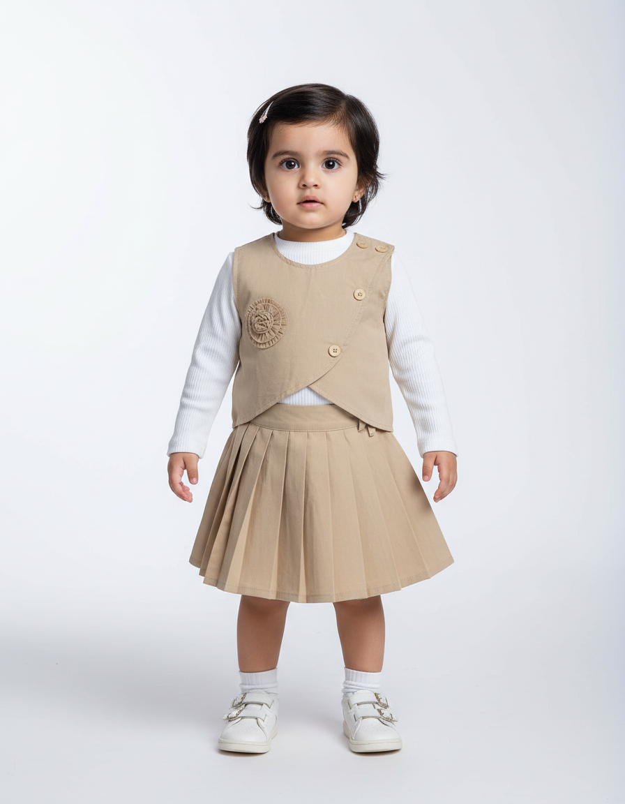 Elegant Toddler Girls’ Three-Piece Dusky Pink Wrap Vest, Pleated Skirt, and Ribbed White Inner.