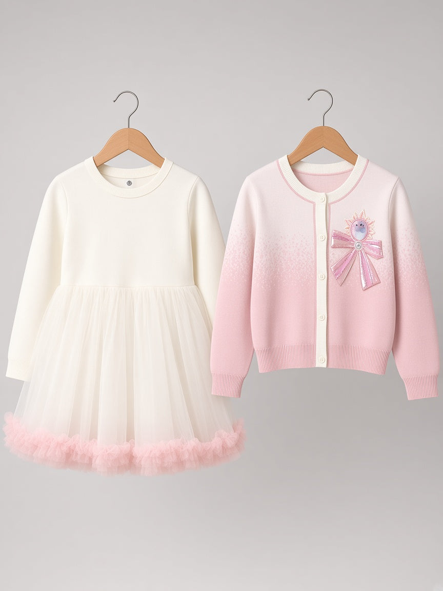 Stylish Kids Two Piece Tulle Dress And Ombre Cardigan Winter Outfit Set