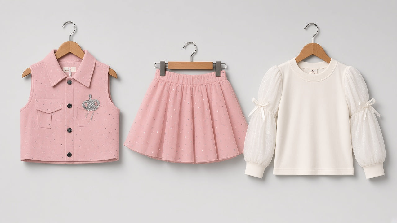 Trendy Girls Sleeveless Vest Matching Pleated Skirt And Bow Long Sleeve Tee Outfit
