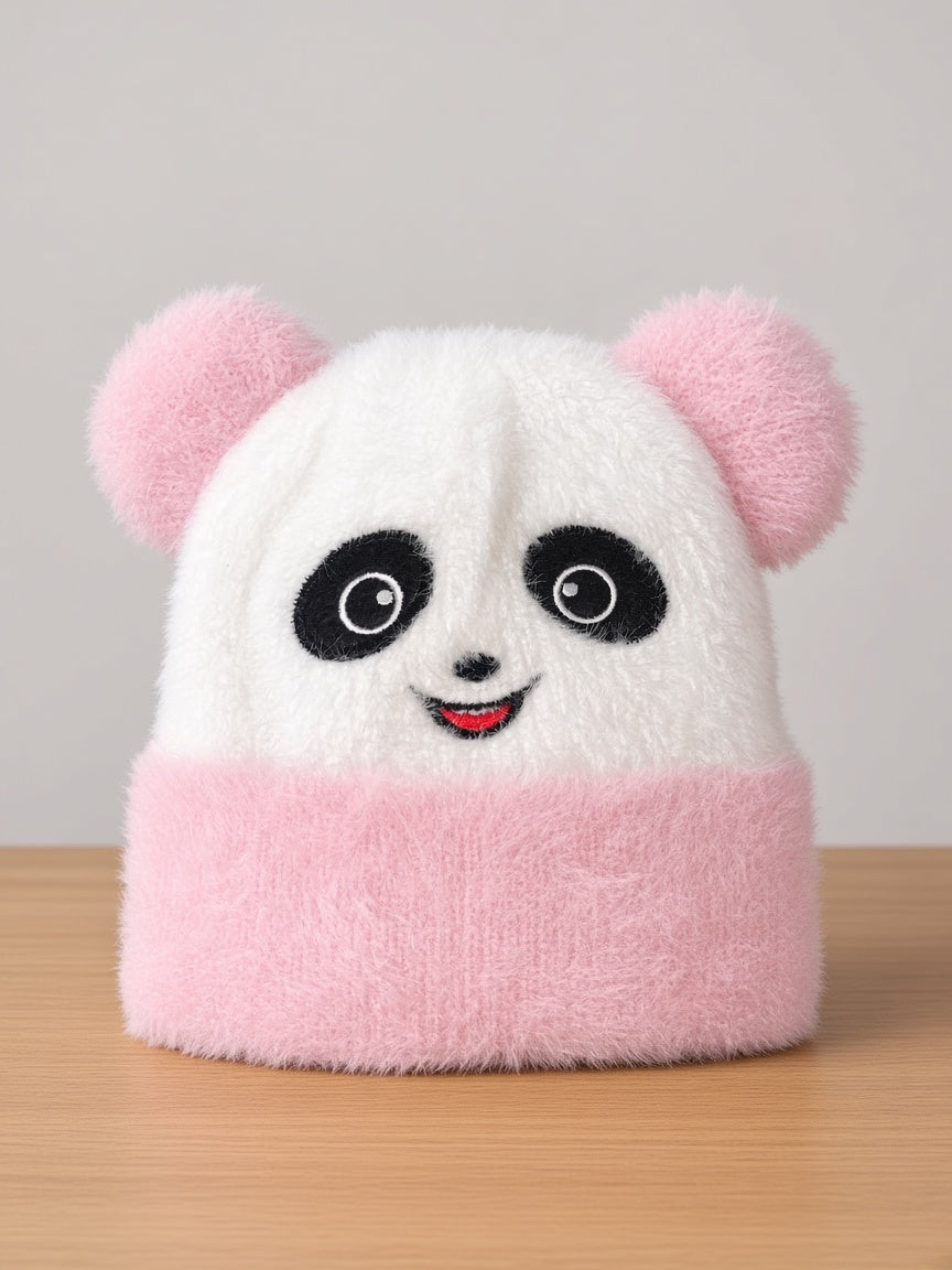 Kids Winter Cute Fluffy Plush Panda Beanie Hat With 3D Ears And Folded Cuff