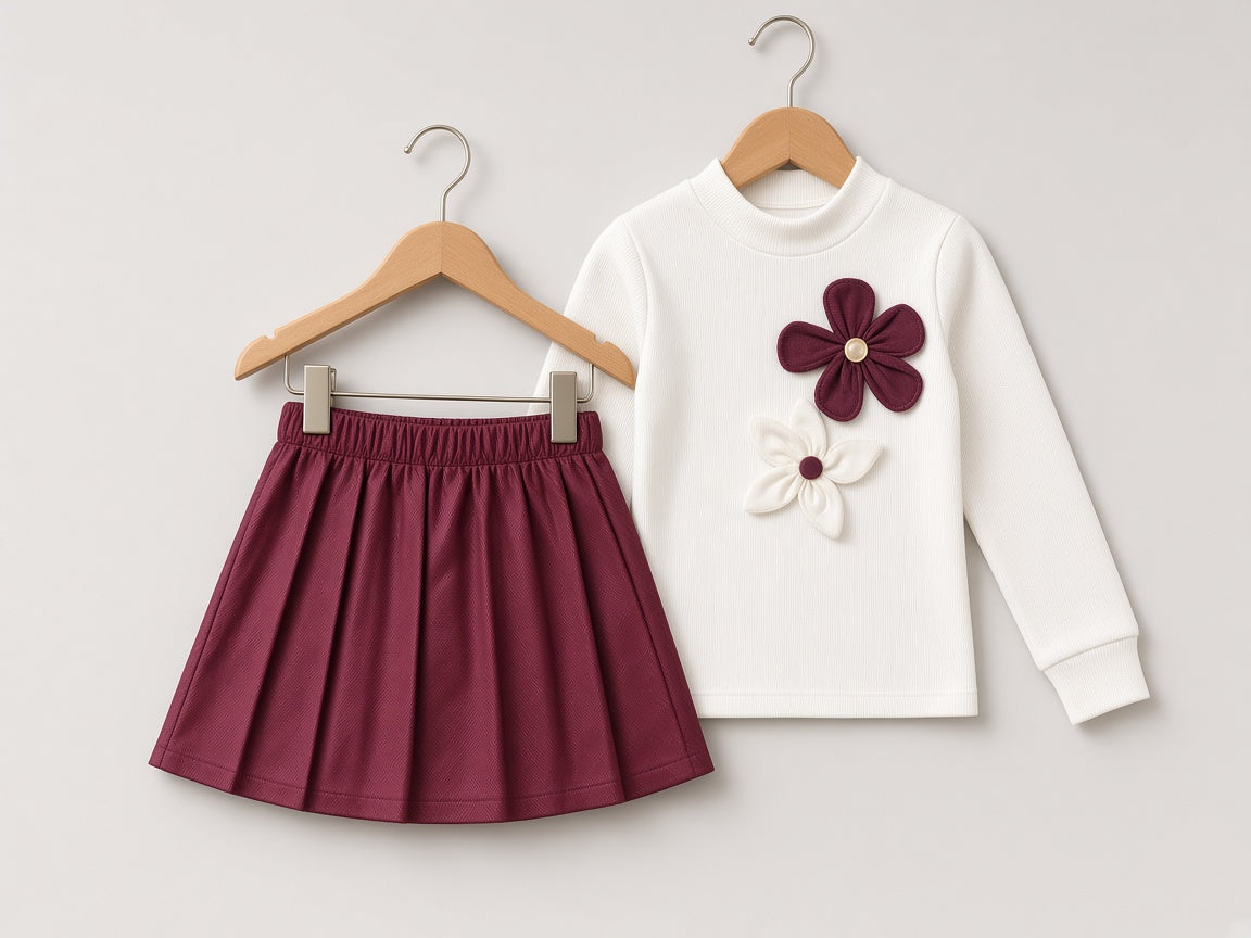 Stylish White Top With Floral Applique And Matching Pleated Skirt Set For Cute Little Girls