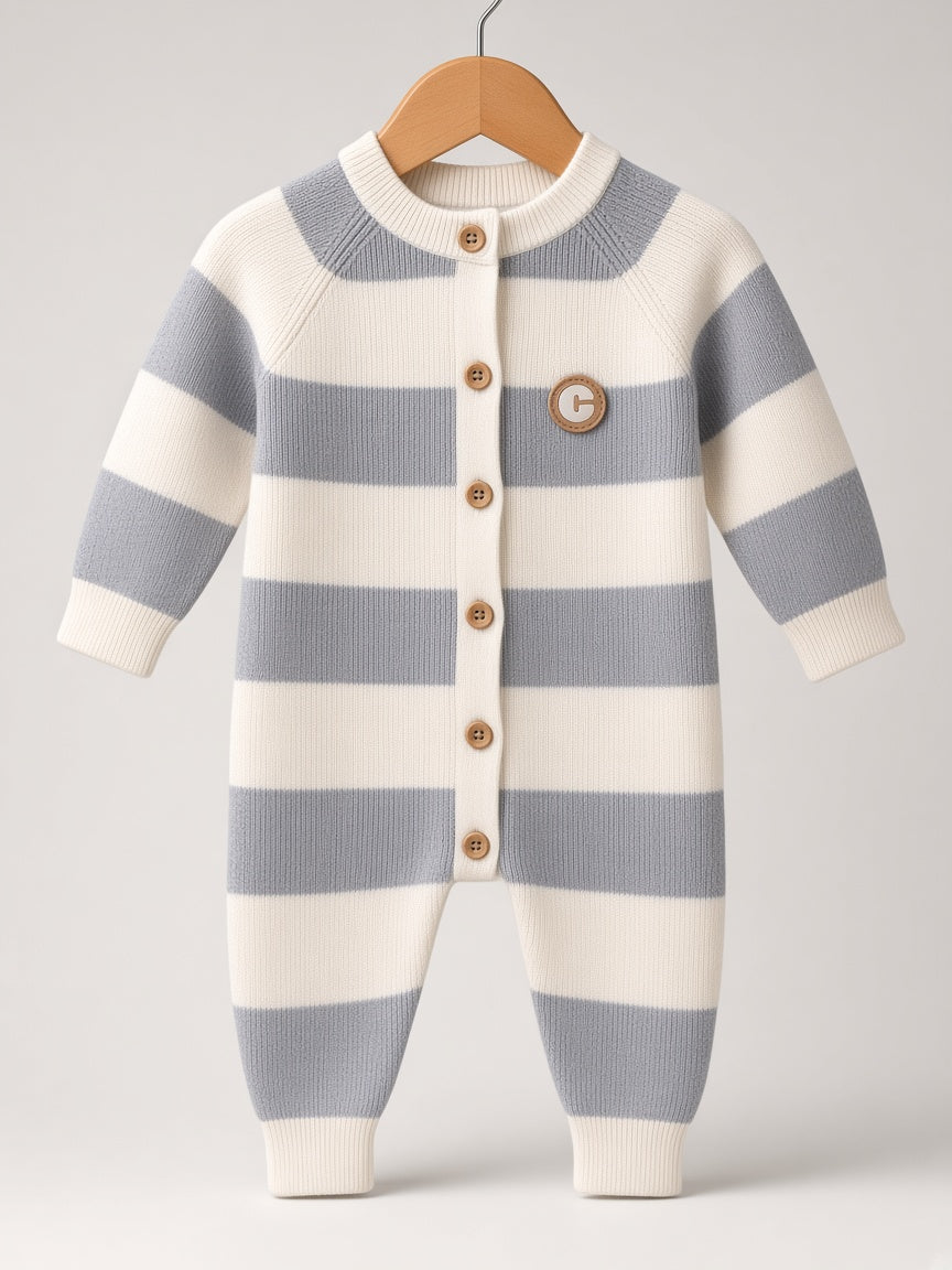 Baby Winter Striped Knit Romper Jumpsuit With Wooden Buttons And Chest Patch