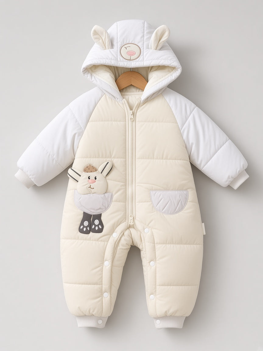 Baby Winter Padded Snowsuit Hooded Romper Jumpsuit With Pocket Bunny Applique Detail