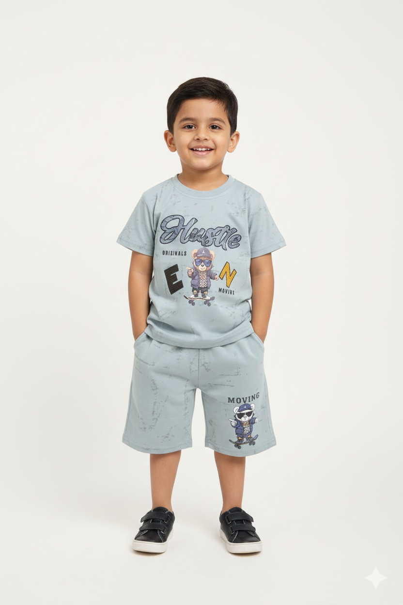 Boys' Premium Cotton "Hustle" Graphic Tee and Shorts Summer Set - Stylish Comfort Wear