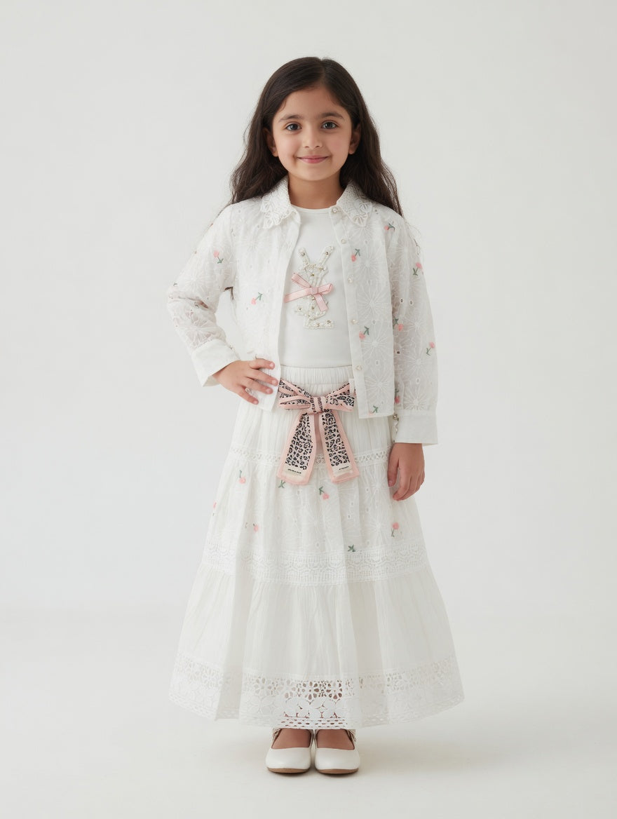 Girls White Lace Skirt Set With Blue Floral Embroidery And Polka Dot Waist Bow