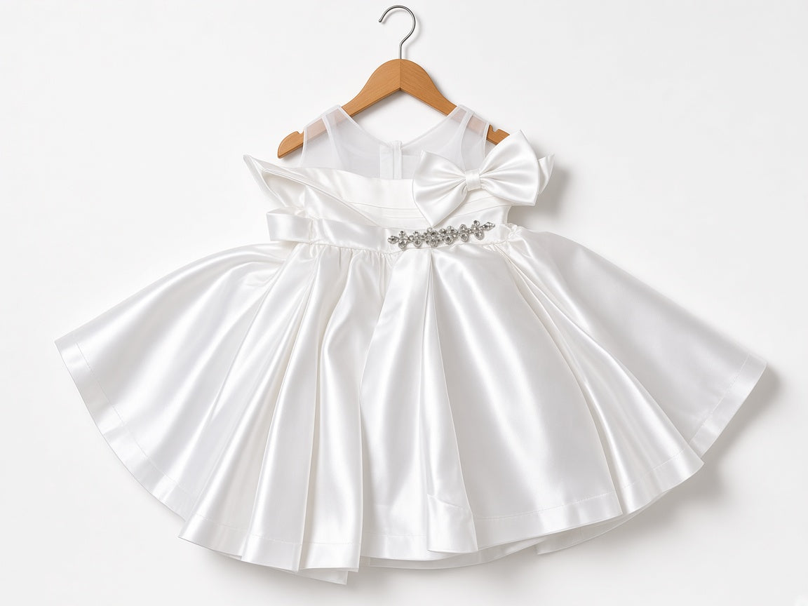 Girls Elegant Satin Party Frock Big Bow Rhinestone Waist Mesh Shoulder Birthday Dress