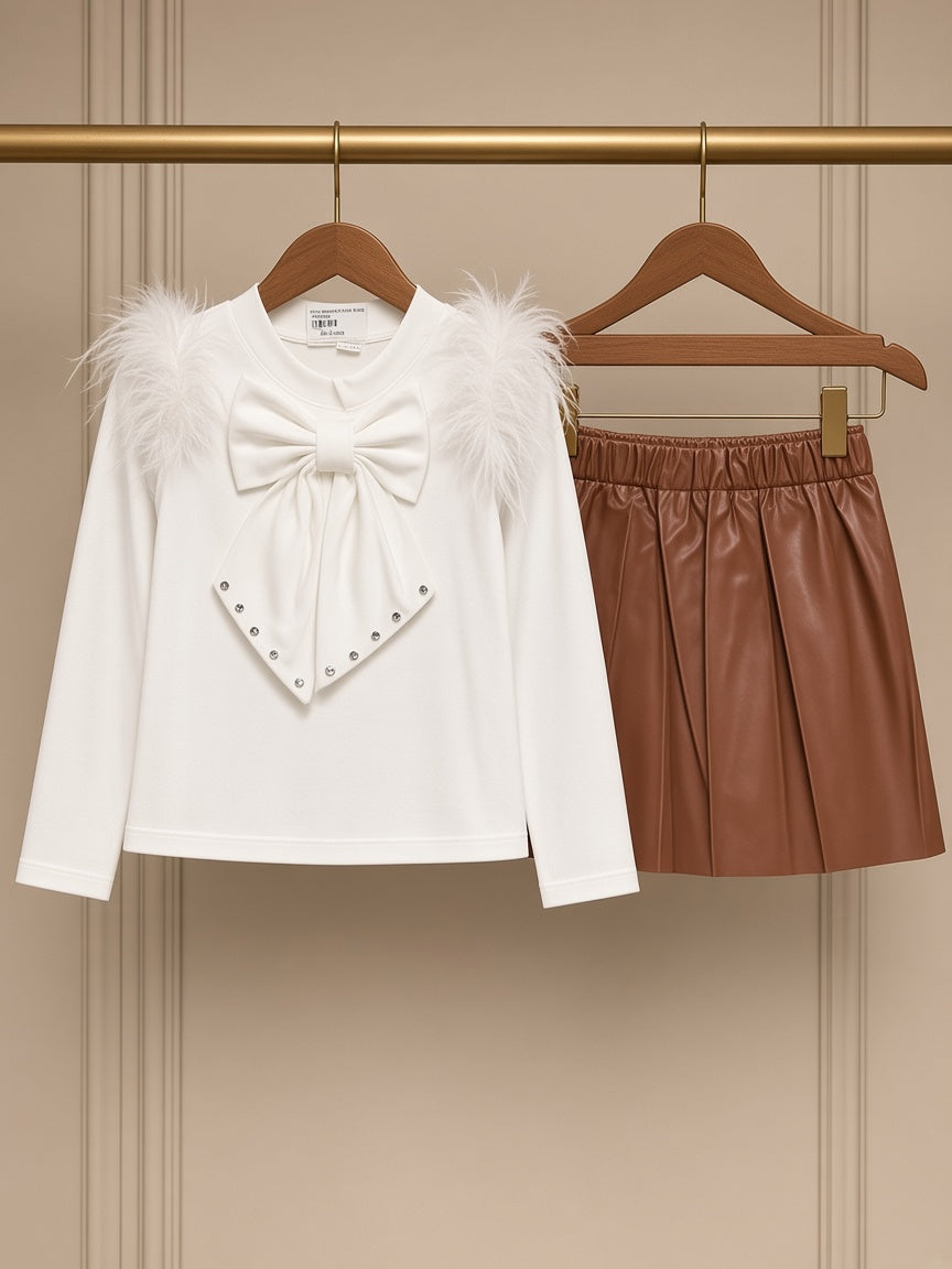 Stylish Kids Two Piece Feather Shoulder Top And Faux Leather Skirt Set
