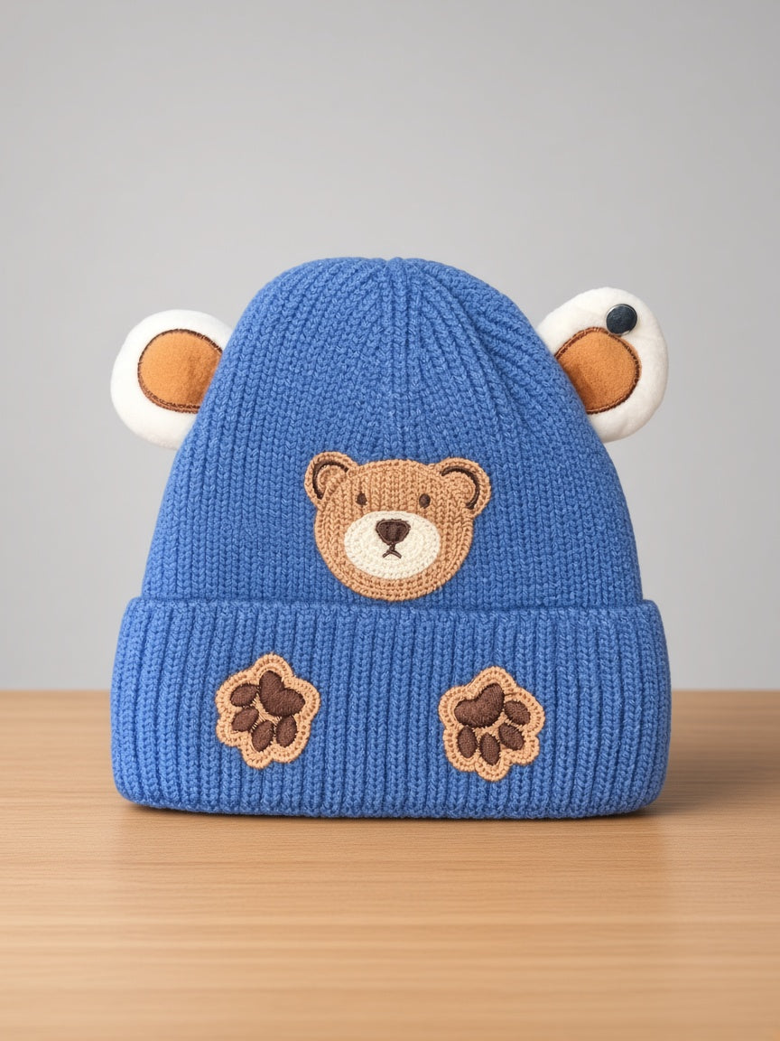 Kids Winter Knit Beanie Hat With Bear Applique Paw Prints And 3D Ears