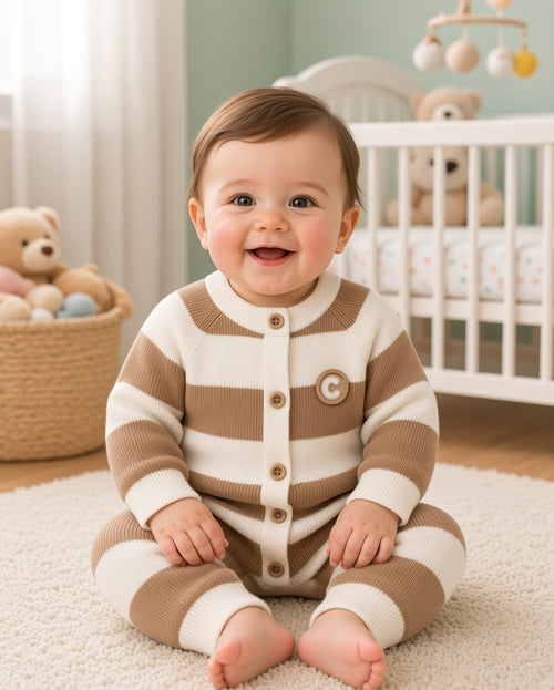 Baby Winter Striped Knit Romper Jumpsuit With Wooden Buttons And Chest Patch