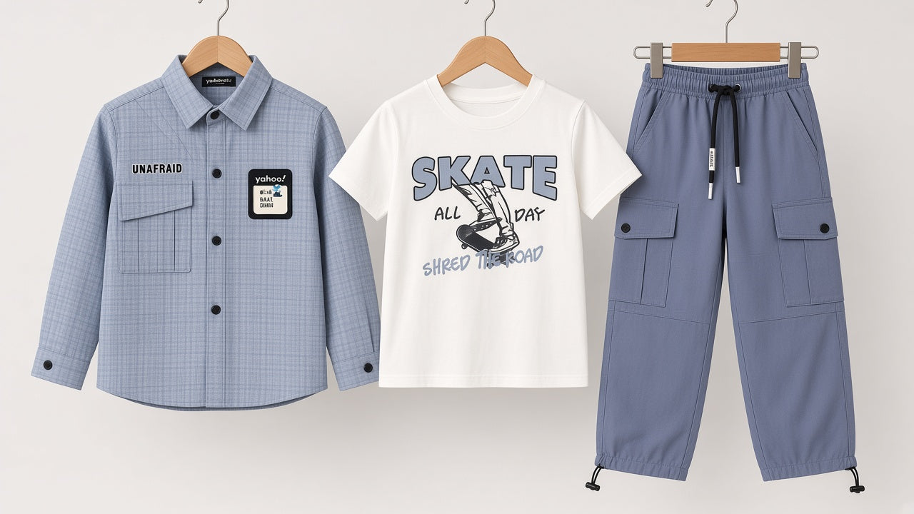 Stylish Kids Three Piece Plaid Shirt T-Shirt And Cargo Trouser Set