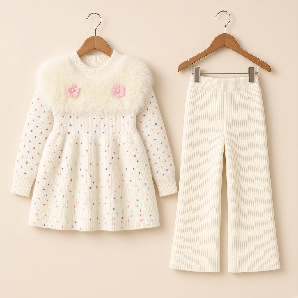 Girls Winter Knit Frock Set Fur Yoke Flower Accent Frock With Ribbed Trouser