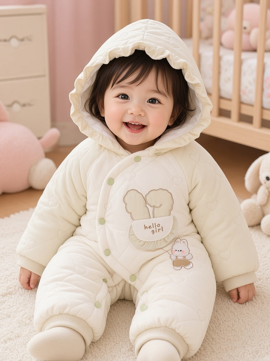 Cute Hello Girl Bunny Quilted Hooded Baby Romper Warm Winter Cotton Jumpsuit Outfit