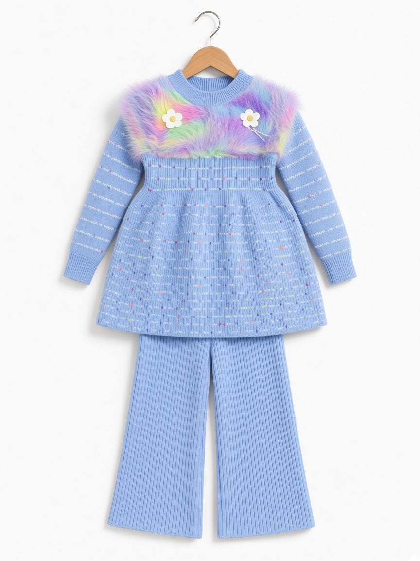 Girls Winter Knit Frock Set Fur Yoke Flower Accent Frock With Ribbed Trouser